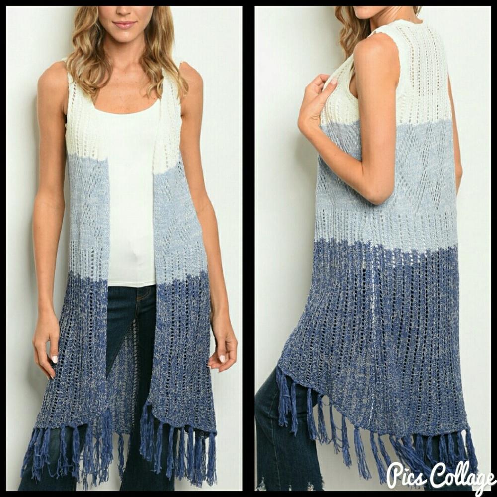 Tricolor Acrylic Knit Fringed Vest
